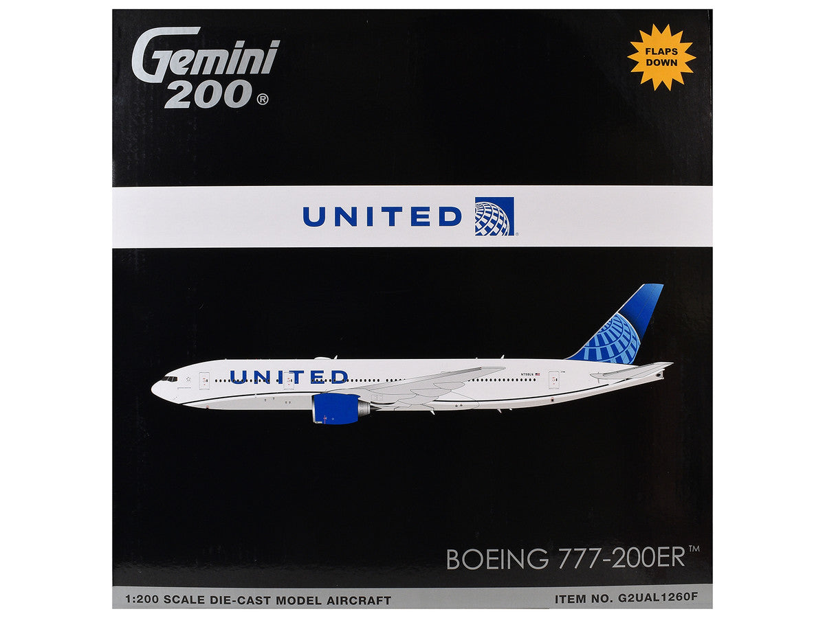 Boeing 777-200ER Commercial Aircraft with Flaps Down "United Airlines" (N798UA) White with Blue Tail "Gemini 200" Series 1/200 Diecast Model by GeminiJets GeminiJets