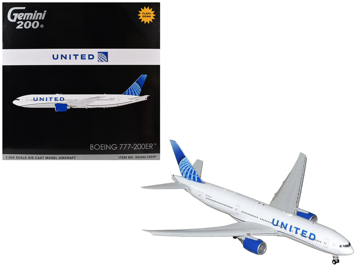 Boeing 777-200ER Commercial Aircraft with Flaps Down "United Airlines" (N798UA) White with Blue Tail "Gemini 200" Series 1/200 Diecast Model by GeminiJets GeminiJets