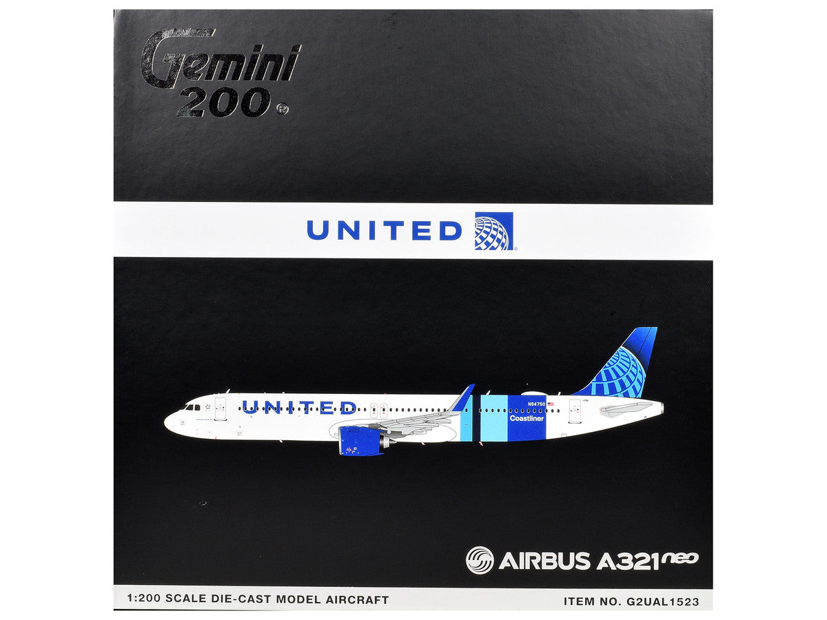 Airbus A321neo Commercial Aircraft "United Airlines Coastliner" (N94750) White with Blue Stripes "Gemini 200" Series 1/200 Diecast Model Airplane by GeminiJets GeminiJets
