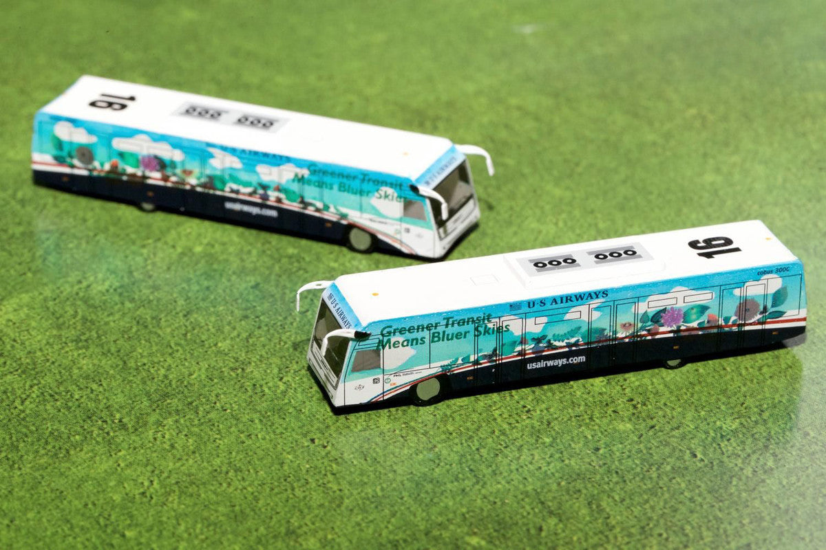 Cobus 3000 Passenger Bus White and Blue with Graphics "US Airways Shuttle Bus - Greener Transit" 2 Piece Set "Gemini 200" Series Diecast Models by GeminiJets GeminiJets