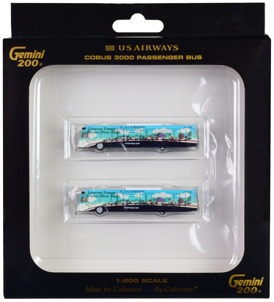 Cobus 3000 Passenger Bus White and Blue with Graphics "US Airways Shuttle Bus - Greener Transit" 2 Piece Set "Gemini 200" Series Diecast Models by GeminiJets GeminiJets
