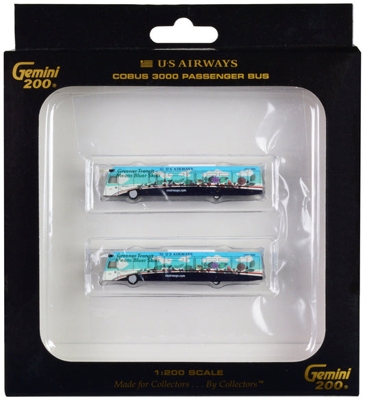 Cobus 3000 Passenger Bus White and Blue with Graphics "US Airways Shuttle Bus - Greener Transit" 2 Piece Set "Gemini 200" Series Diecast Models by GeminiJets GeminiJets