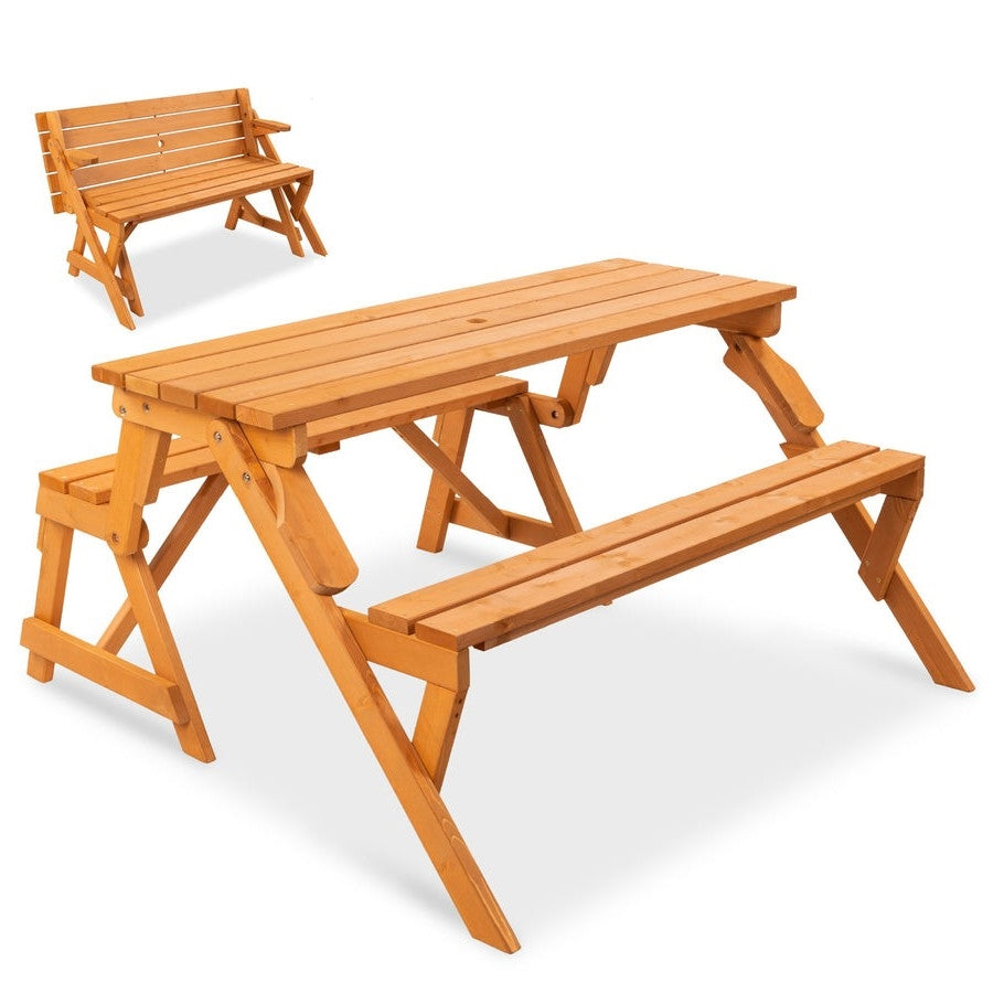 Outdoor Interchangeable 2 in 1 Multi-Use Wooden Picnic Table Garden Bench Umbrella Hole FastFurnishings