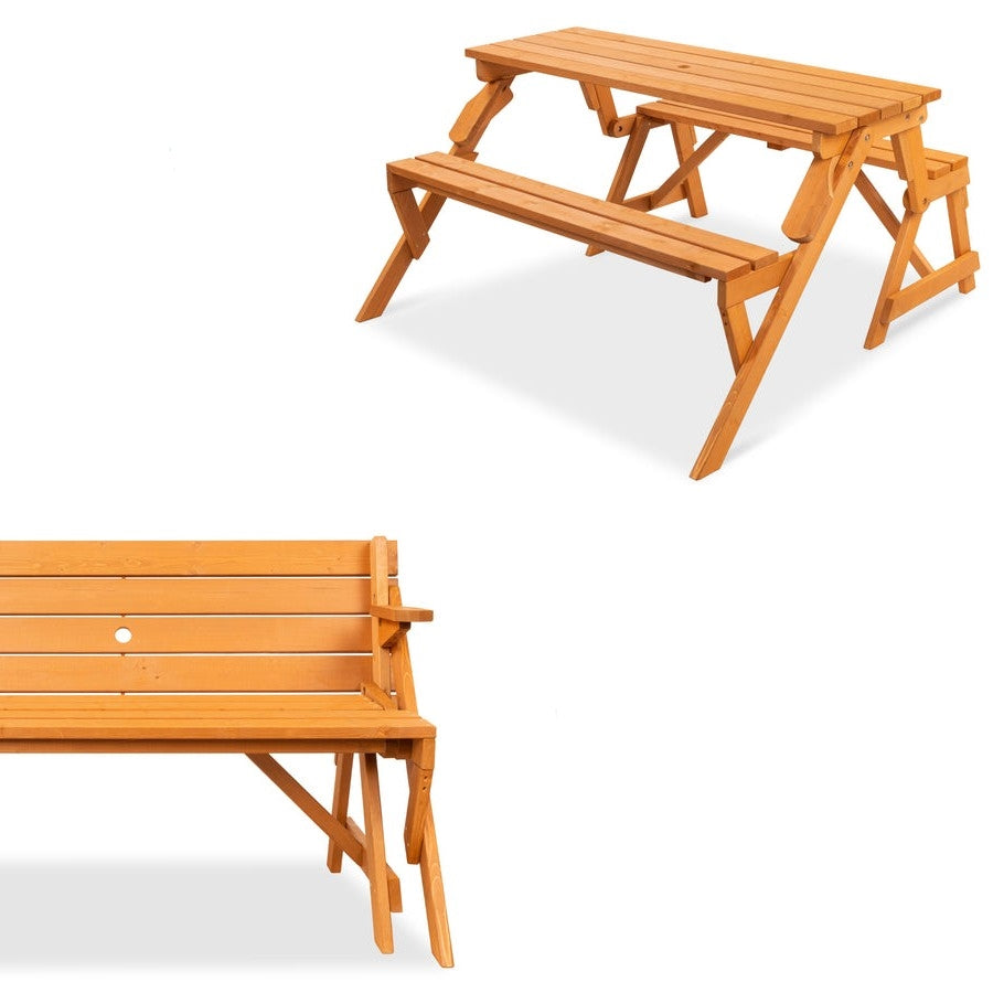 Outdoor Interchangeable 2 in 1 Multi-Use Wooden Picnic Table Garden Bench Umbrella Hole FastFurnishings