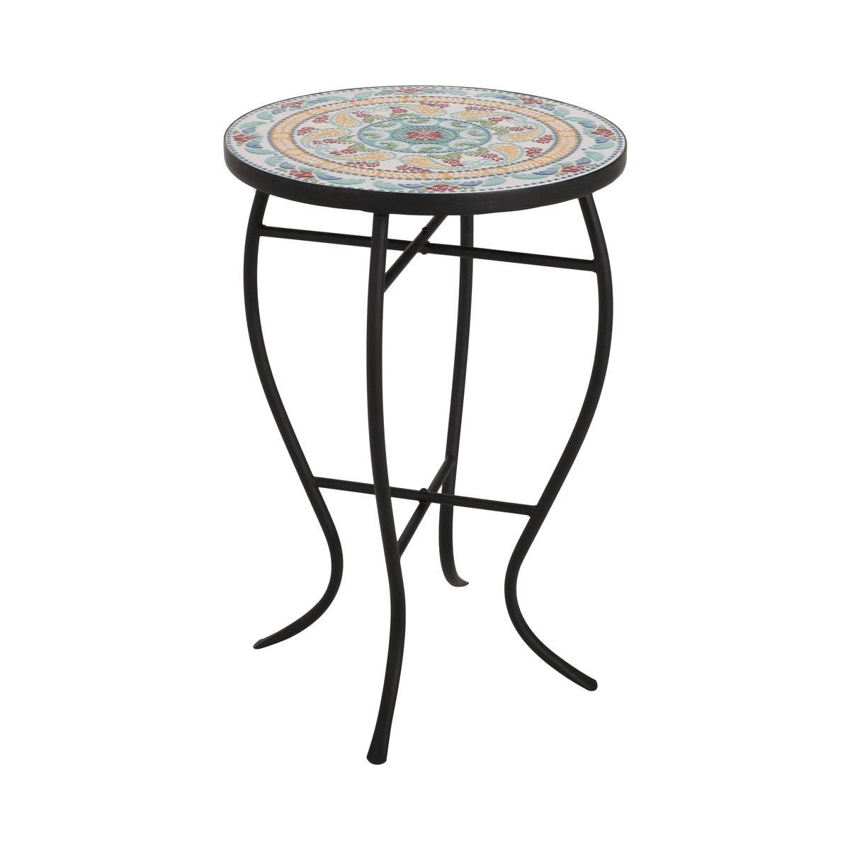 Round Mosaic Tile Bistro Style Outdoor Patio Table with Metal Base FastFurnishings