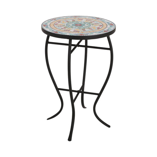 Round Mosaic Tile Bistro Style Outdoor Patio Table with Metal Base FastFurnishings