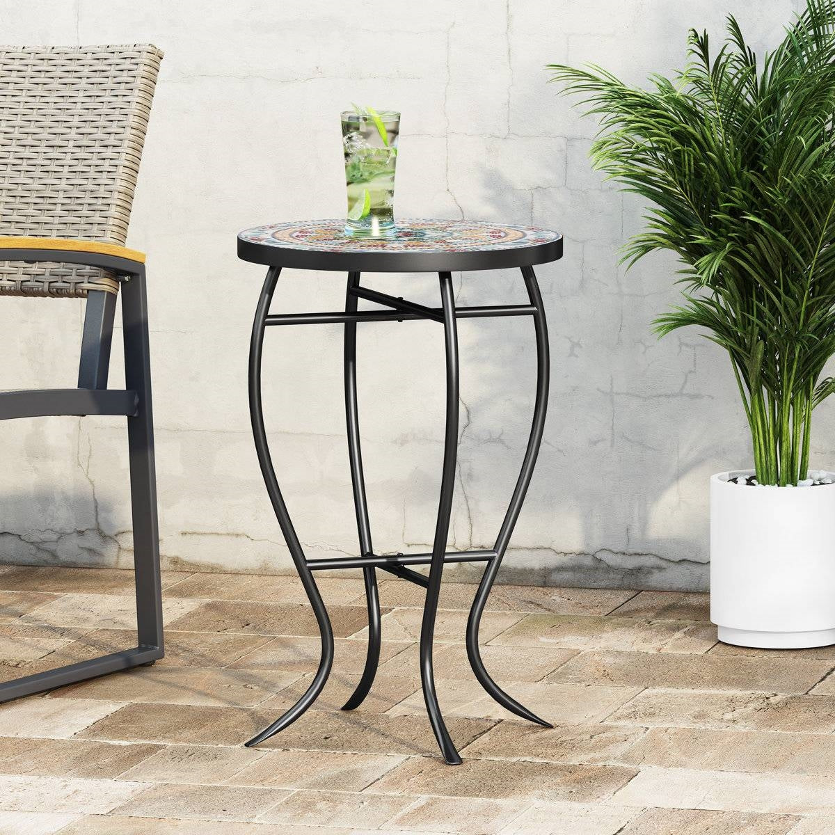 Round Mosaic Tile Bistro Style Outdoor Patio Table with Metal Base FastFurnishings