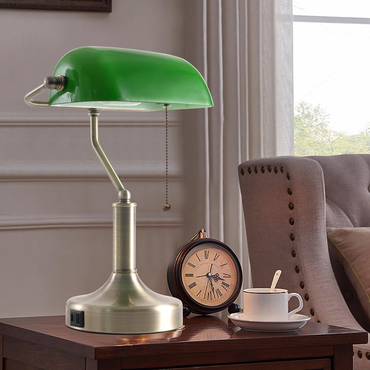 Traditional Bankers Desk Lamp Table Light with Green Glass Shade and USB Ports FastFurnishings
