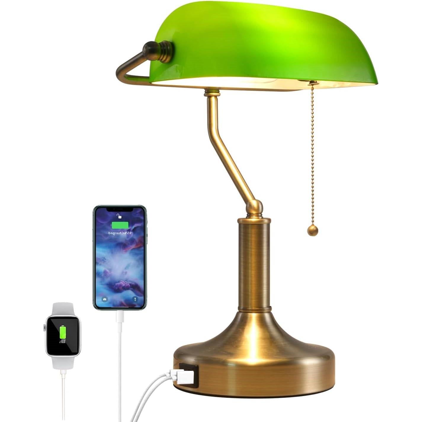 Traditional Bankers Desk Lamp Table Light with Green Glass Shade and USB Ports FastFurnishings