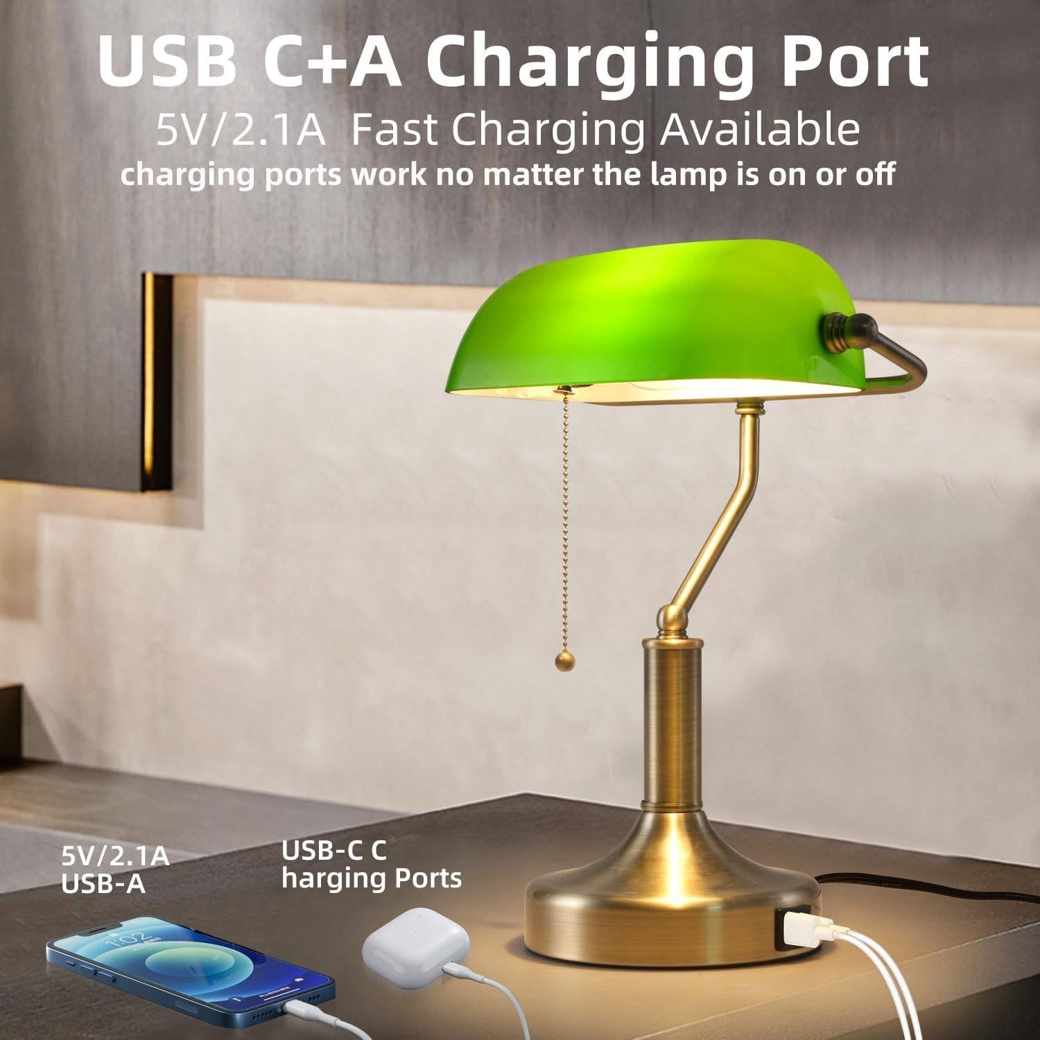 Traditional Bankers Desk Lamp Table Light with Green Glass Shade and USB Ports FastFurnishings