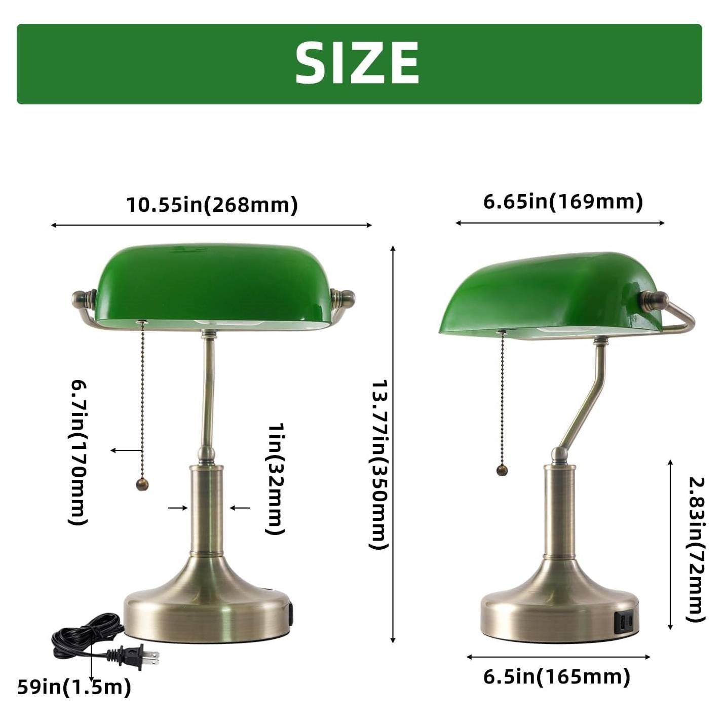 Traditional Bankers Desk Lamp Table Light with Green Glass Shade and USB Ports FastFurnishings