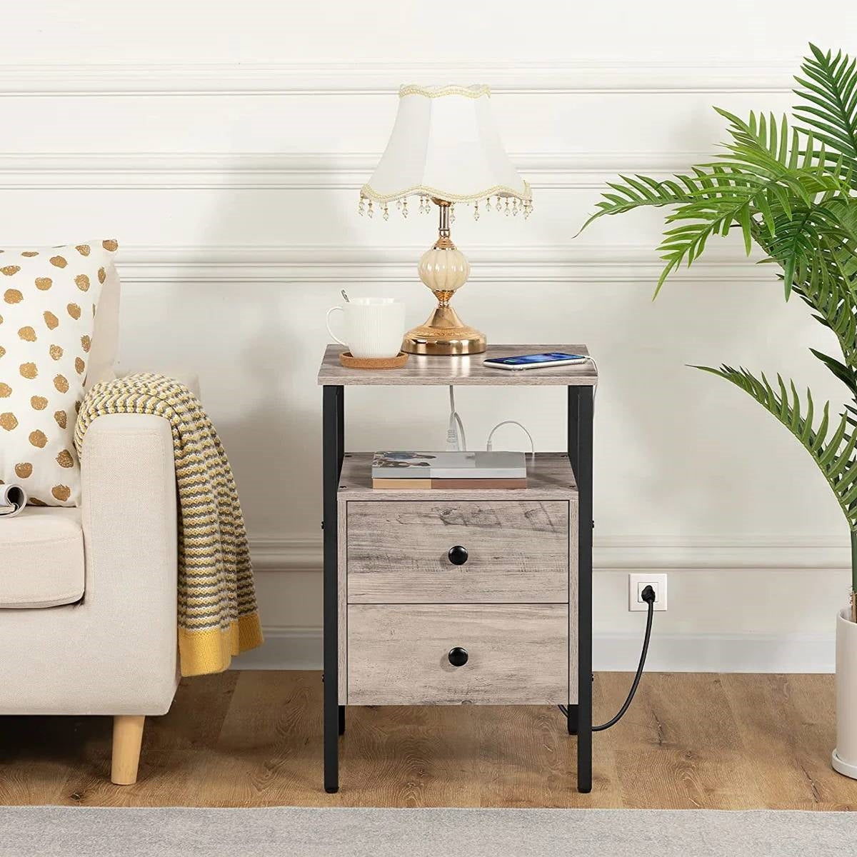 Modern Black Metal Nightstand with Grey Wood Finish Drawers and Shelf-2