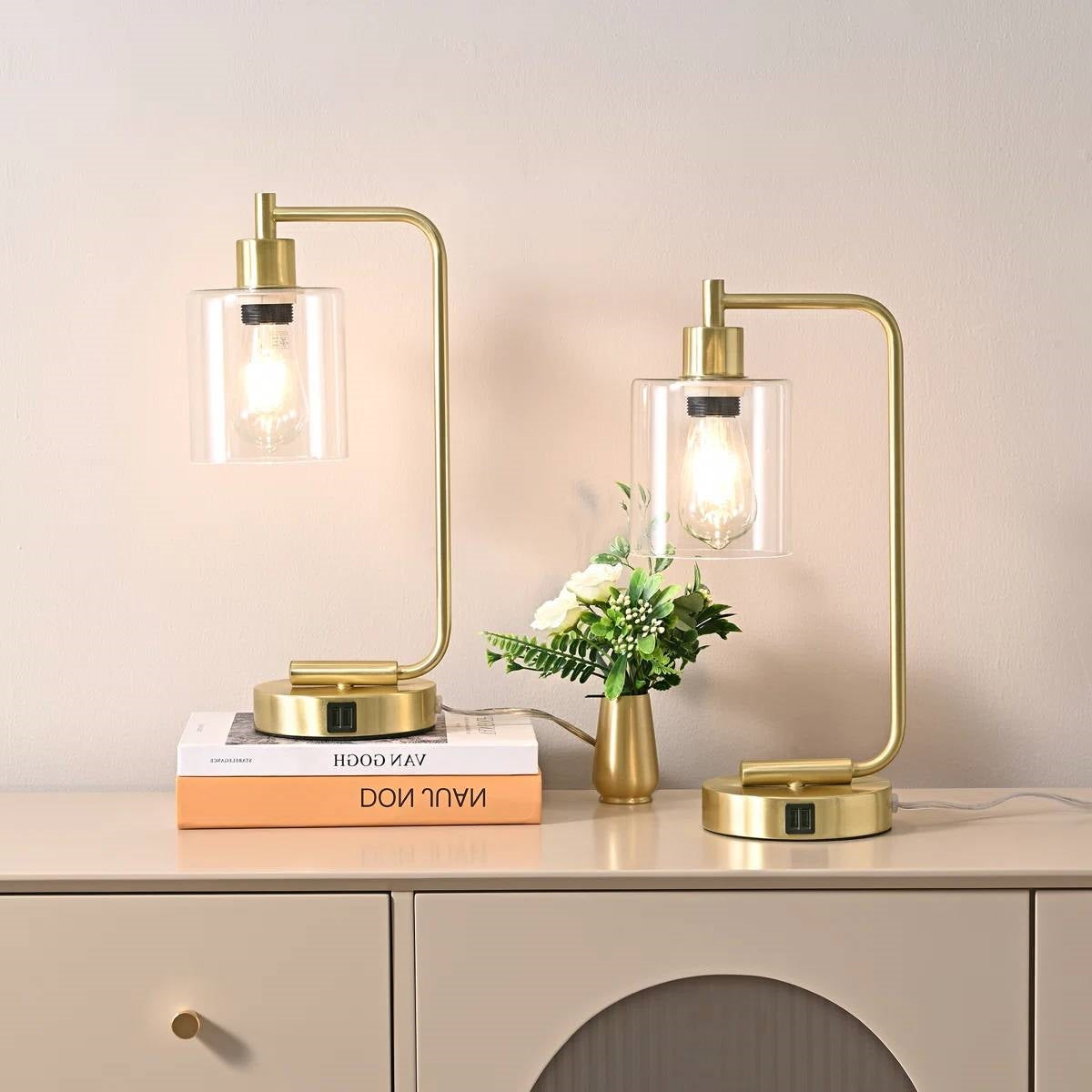 Set of 2 - Gold Farmhouse Bedside Table Lamp Desk Light with USB Charging Ports FastFurnishings