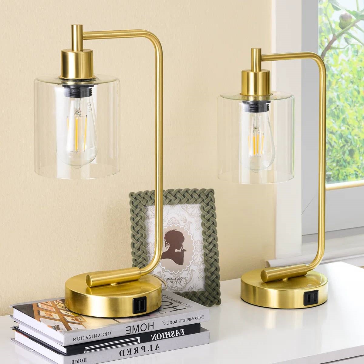 Set of 2 - Gold Farmhouse Bedside Table Lamp Desk Light with USB Charging Ports FastFurnishings