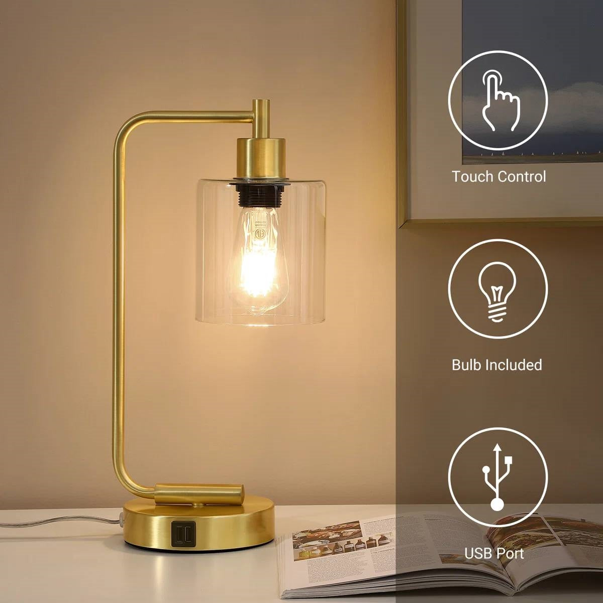 Set of 2 - Gold Farmhouse Bedside Table Lamp Desk Light with USB Charging Ports FastFurnishings