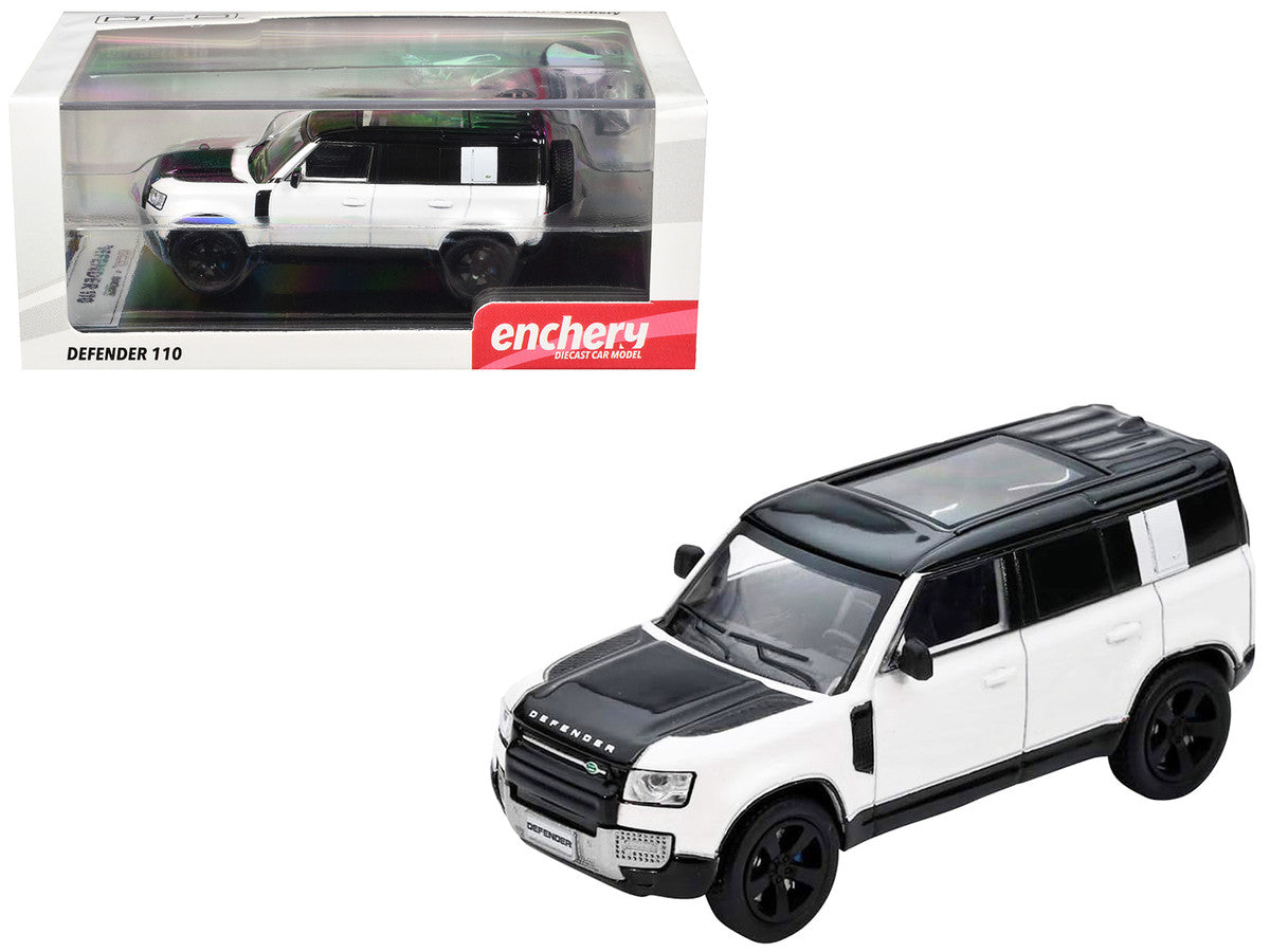 Land Rover Defender 110 White Metallic with Black Top and Roof Rack 1/64 Diecast Model Car by GCD x Enchery GCD