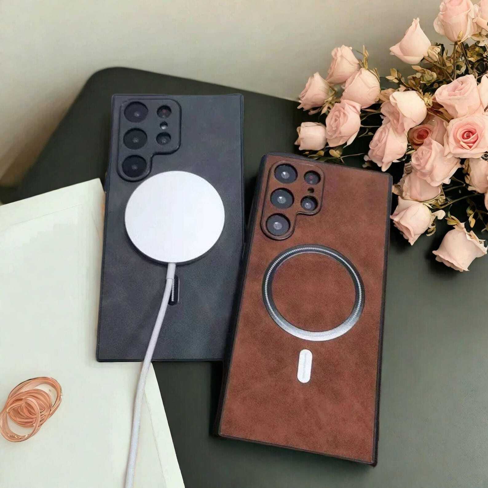 Luxury Matte Leather Case for Samsung Galaxy S25 S24 S23 S22 S21 Ultra Plus, Wireless Charging Compatible, Full Protective Cover W2B