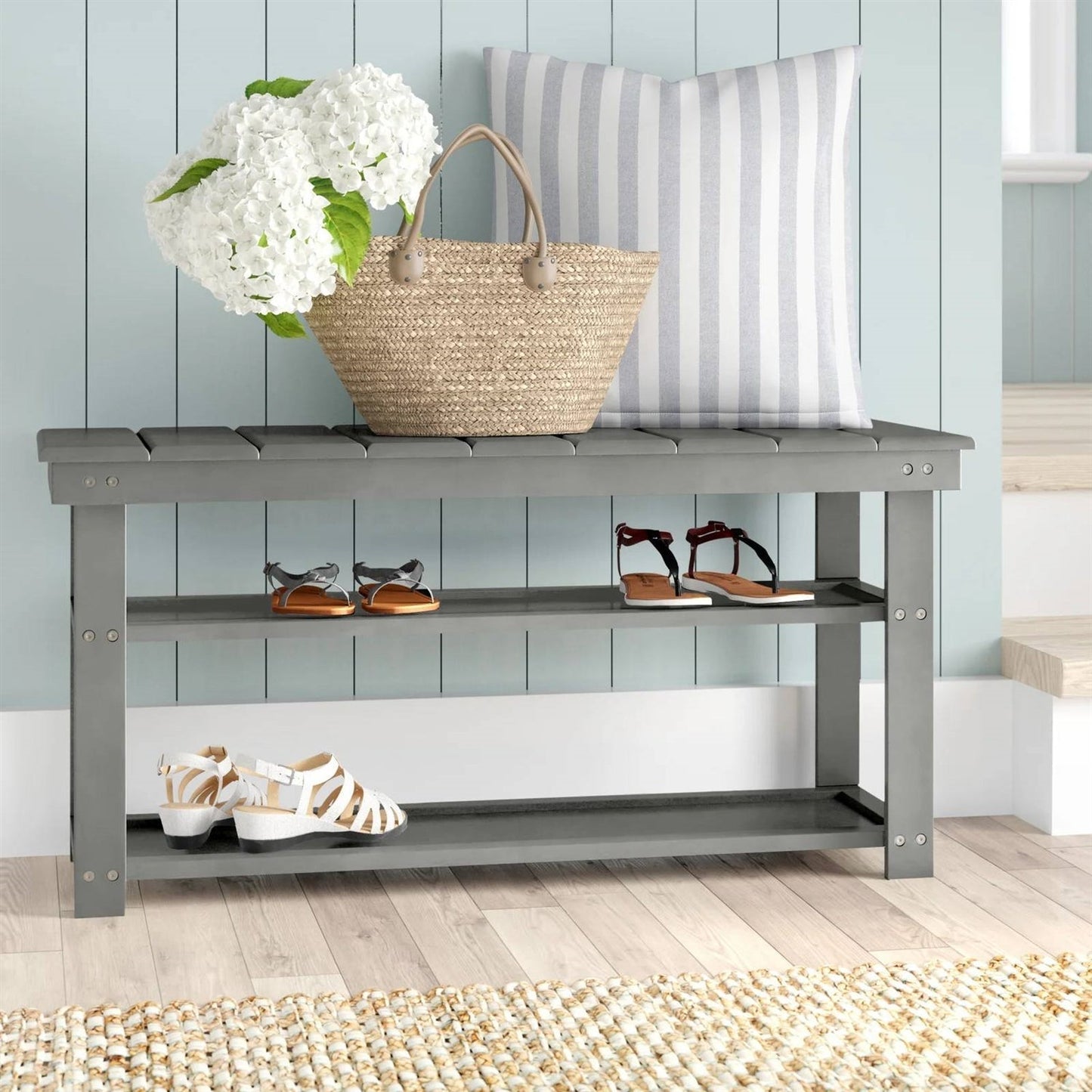 Grey Wood 2-Shelf Shoe Rack Storage Bench For Entryway or Closet FastFurnishings