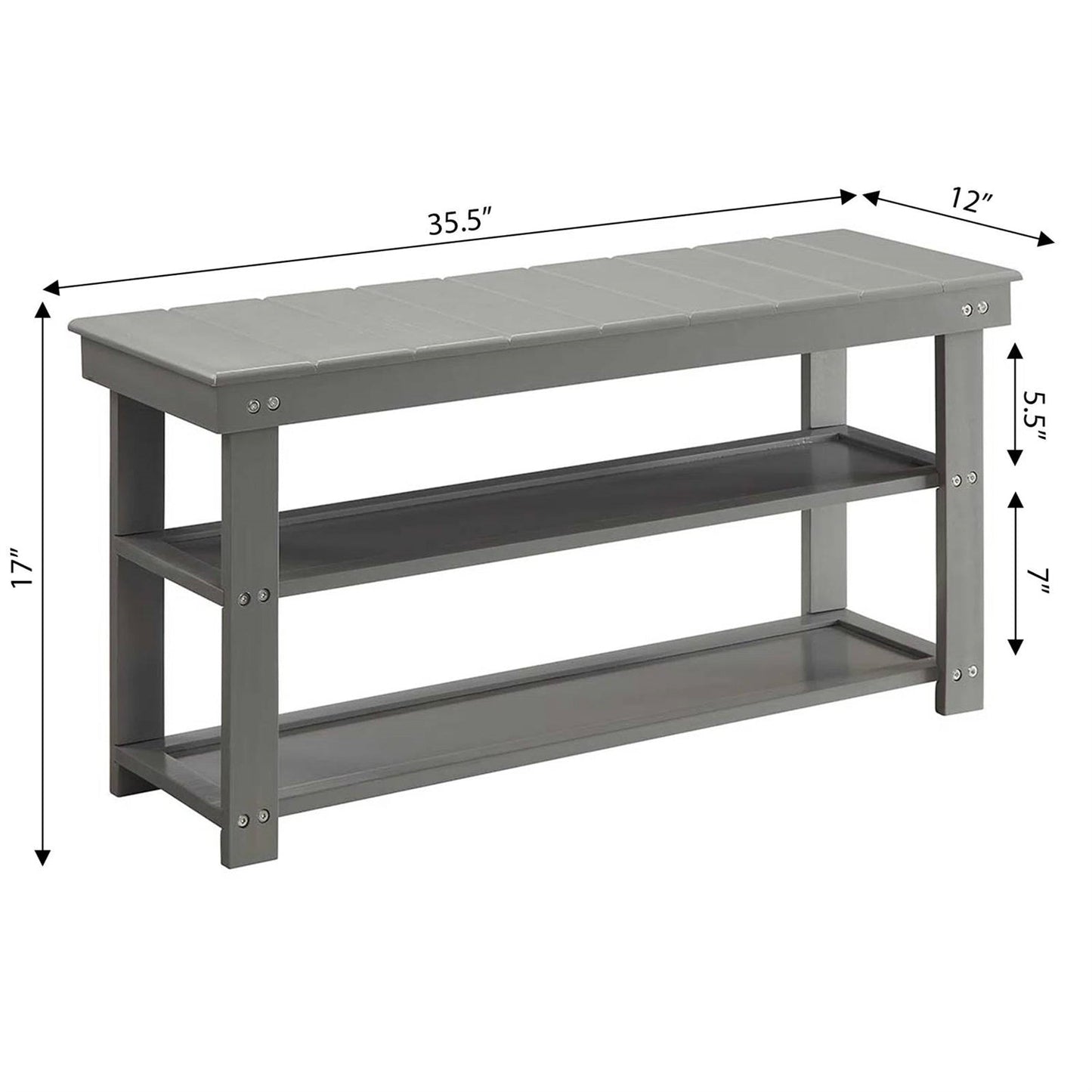 Grey Wood 2-Shelf Shoe Rack Storage Bench For Entryway or Closet FastFurnishings