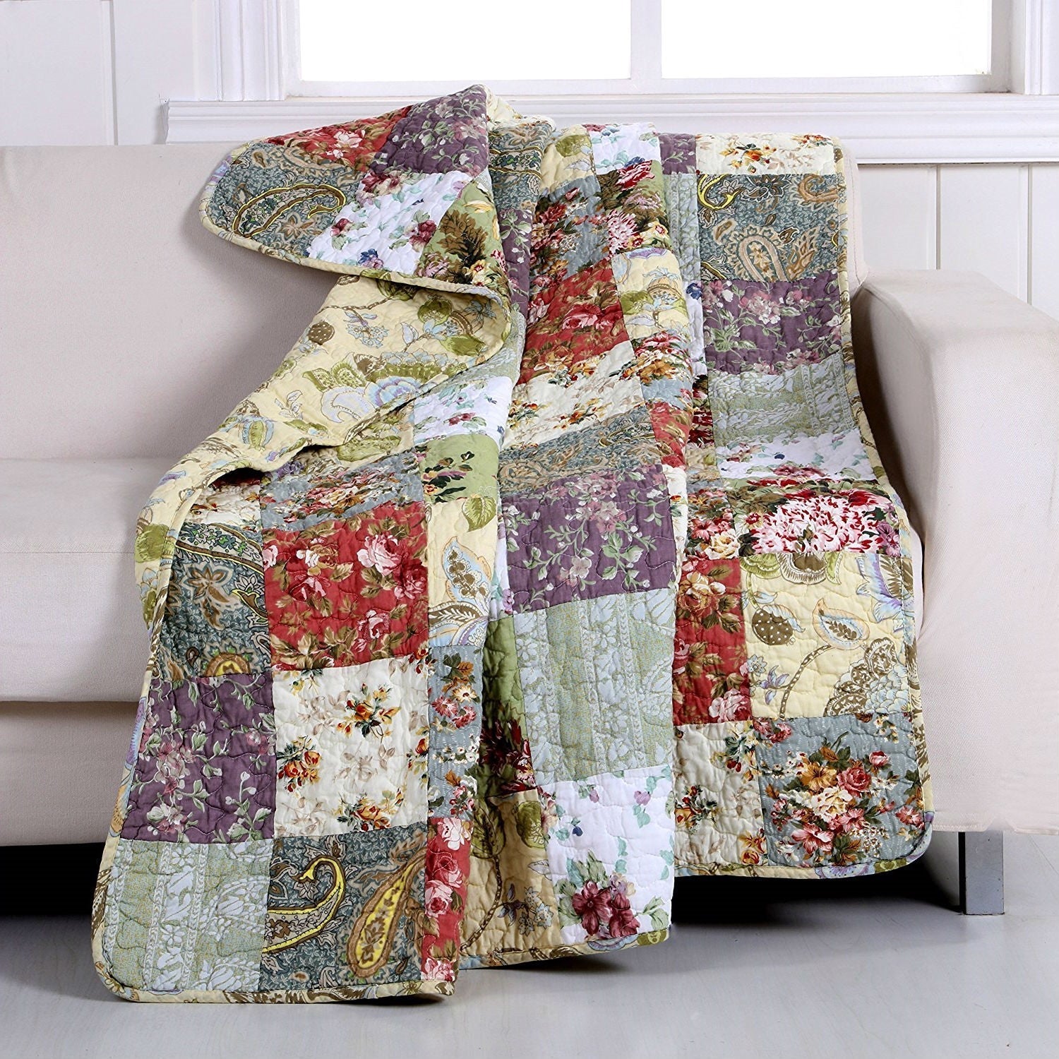 Red Green Blue Purple Yellow White 100-Percent Cotton Floral Patchwork Quilt Throw Blanket FastFurnishings