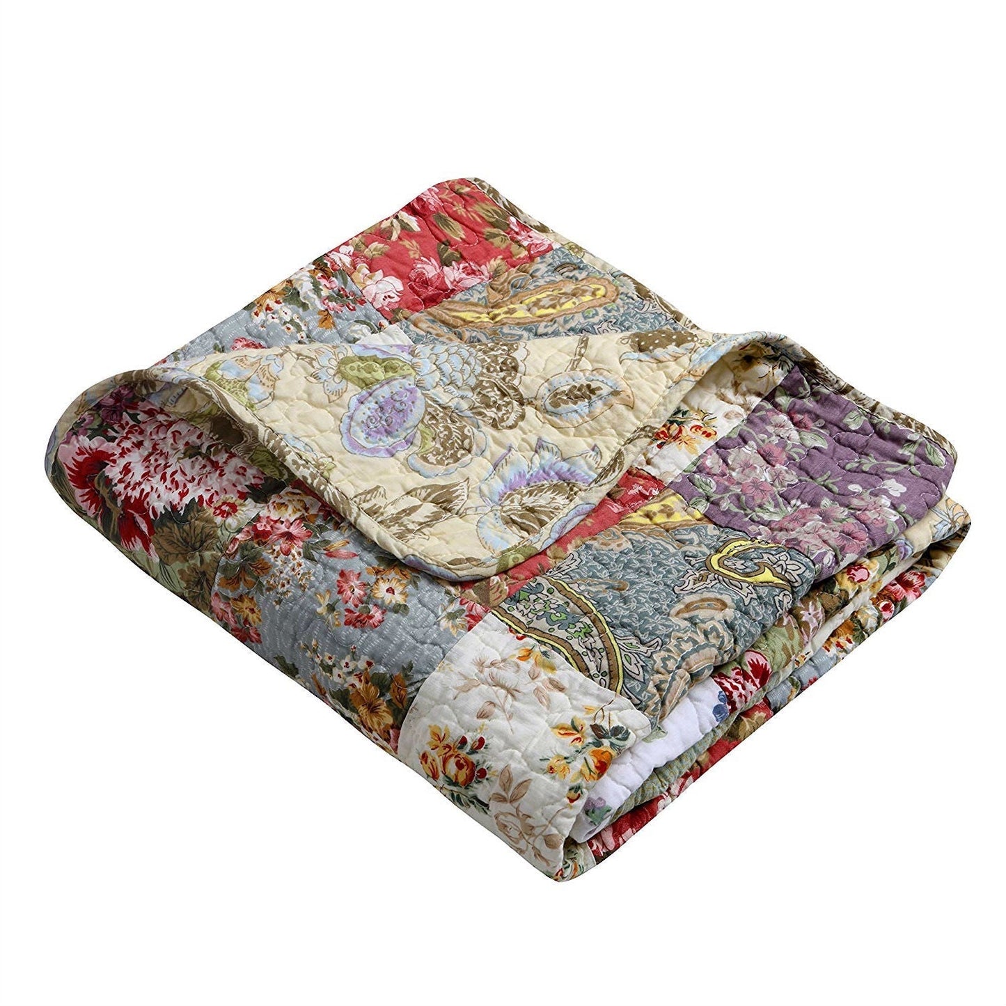 Red Green Blue Purple Yellow White 100-Percent Cotton Floral Patchwork Quilt Throw Blanket FastFurnishings
