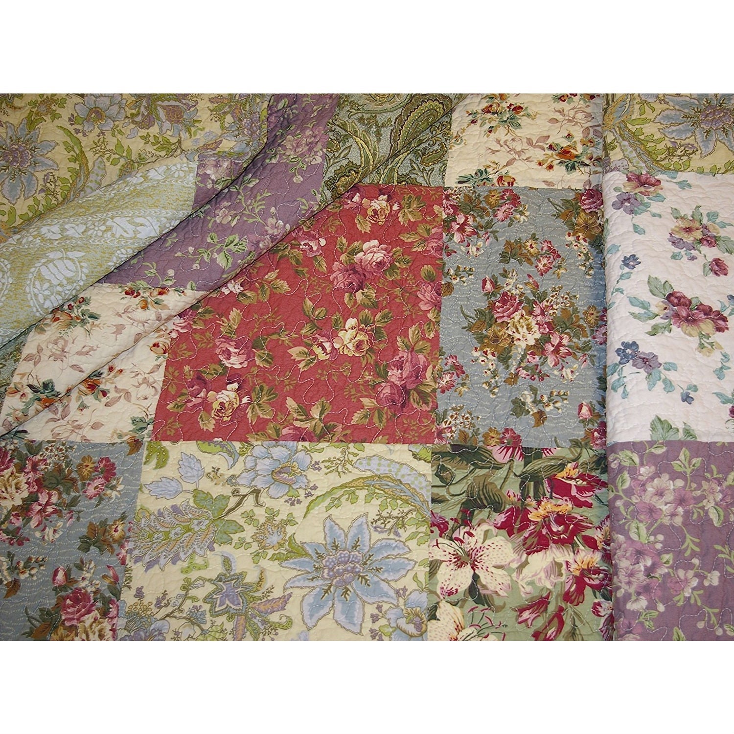 Red Green Blue Purple Yellow White 100-Percent Cotton Floral Patchwork Quilt Throw Blanket FastFurnishings