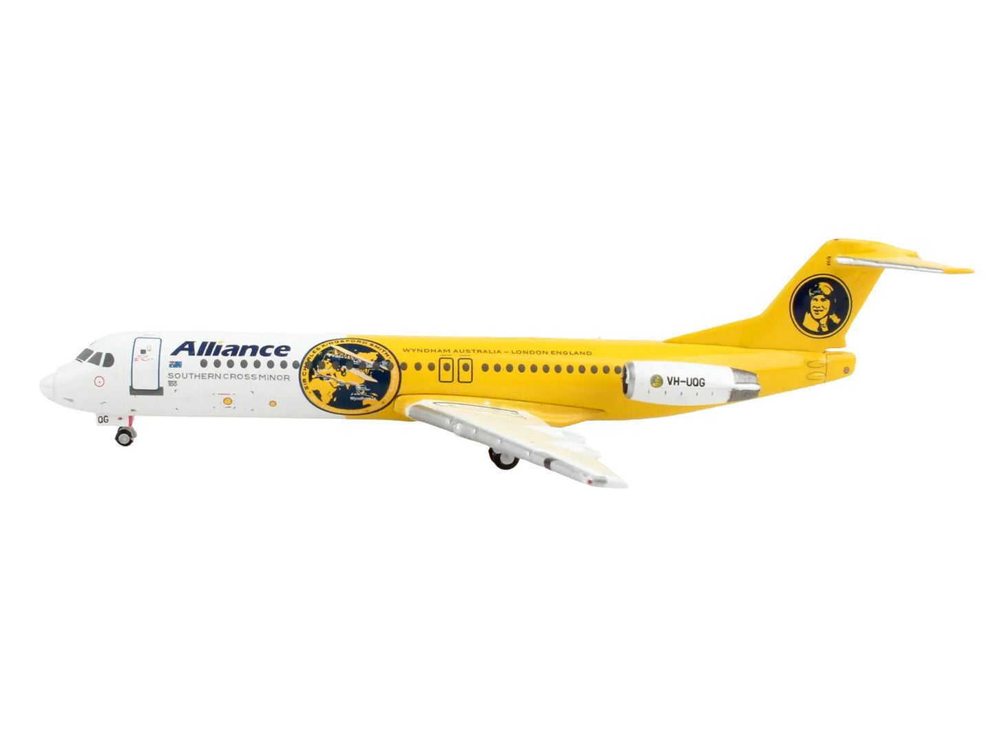 Fokker F100 Commercial Aircraft "Alliance Airlines - Southern Cross Minor" (VH-UQG) White and Yellow 1/400 Diecast Model Airplane by GeminiJets