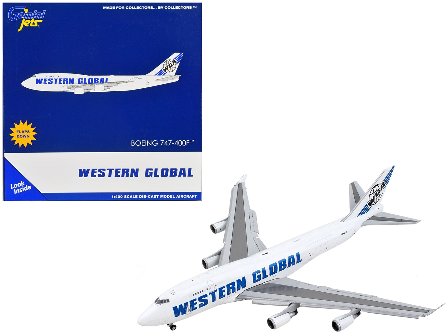 Boeing 747-400F Commercial Aircraft with Flaps Down "Western Global" White with Blue Tail Stripes 1/400 Diecast Model Airplane by GeminiJets