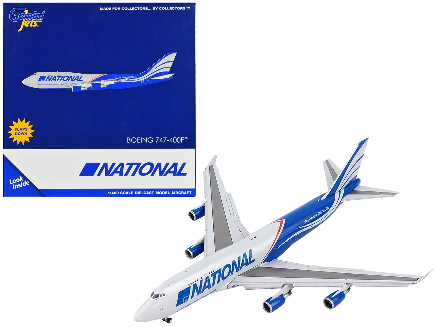 Boeing 747-400F Commercial Aircraft with Flaps Down "National Airlines" Gray and Blue 1/400 Diecast Model Airplane by GeminiJets