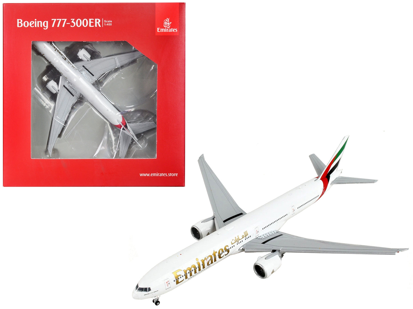 Boeing 777-300ER Commercial Aircraft with Flaps Down "Emirates Airlines" White with Striped Tail 1/400 Diecast Model Airplane by GeminiJets