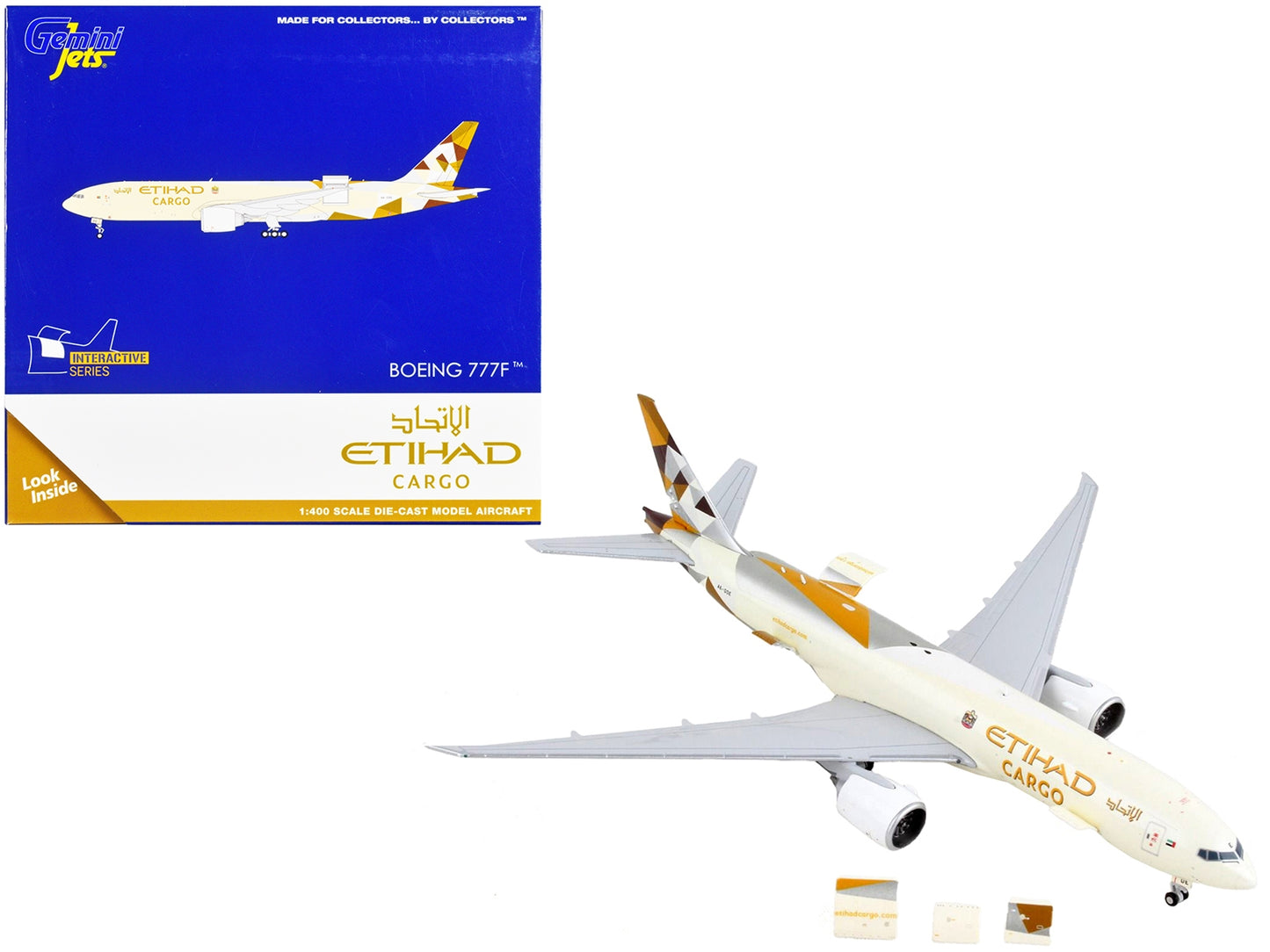 Boeing 777F Commercial Aircraft "Etihad Cargo" Beige with Graphics "Interactive Series" 1/400 Diecast Model Airplane by GeminiJets