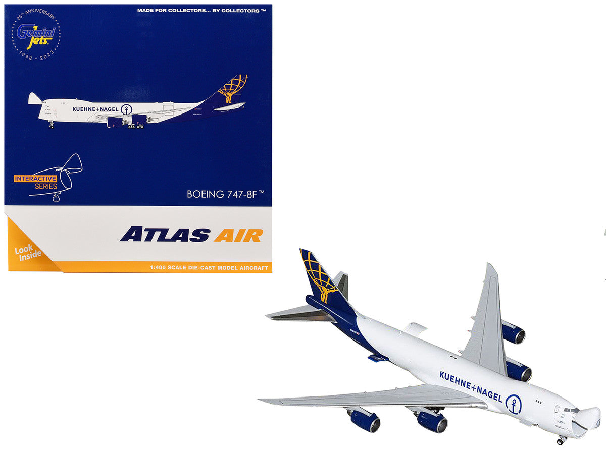Boeing 747-8F Commercial Aircraft "Atlas Air - Kuehne+Nagel" (N862GT) White with Blue Tail "Interactive Series" 1/400 Diecast Model Airplane by GeminiJets-0