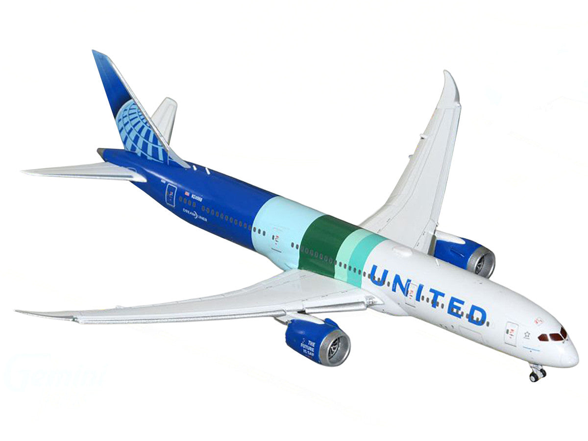 Boeing 787-9 Commercial Aircraft with Flaps Down "United Airlines - The Future is SAF" (N24988) White and Blue with Stripes 1/400 Diecast Model Airplane by GeminiJets GeminiJets