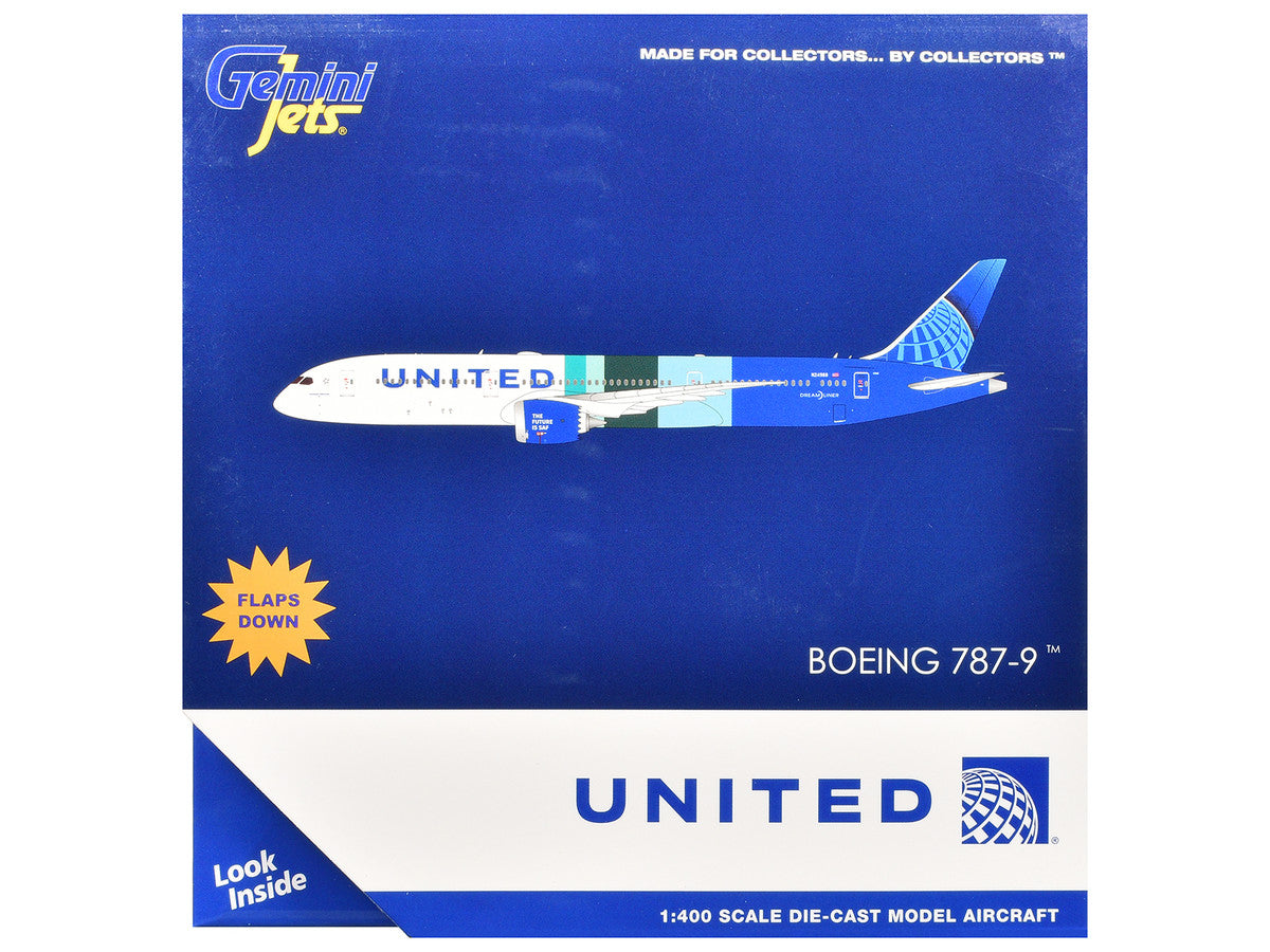 Boeing 787-9 Commercial Aircraft with Flaps Down "United Airlines - The Future is SAF" (N24988) White and Blue with Stripes 1/400 Diecast Model Airplane by GeminiJets GeminiJets