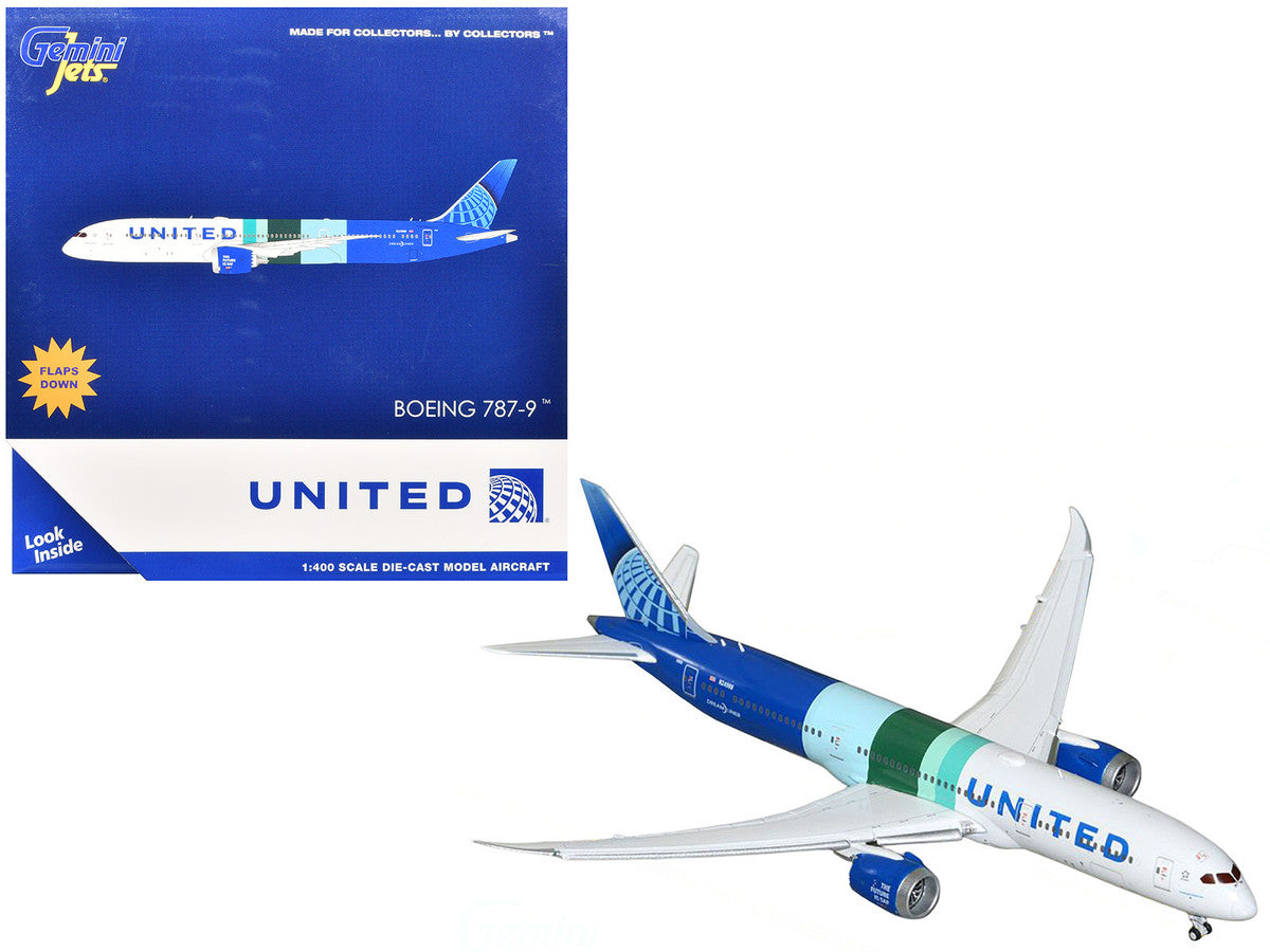 Boeing 787-9 Commercial Aircraft with Flaps Down "United Airlines - The Future is SAF" (N24988) White and Blue with Stripes 1/400 Diecast Model Airplane by GeminiJets GeminiJets
