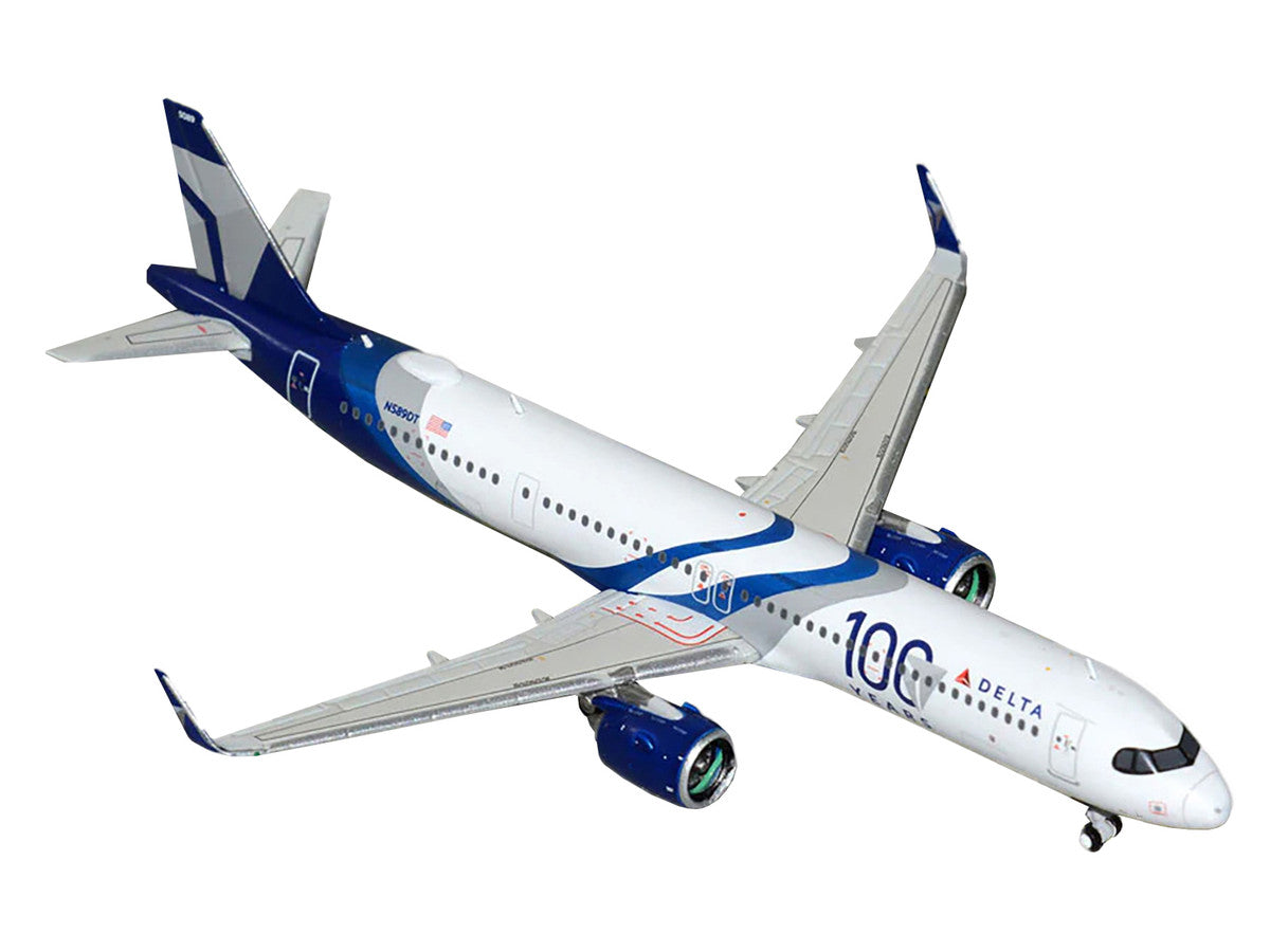Airbus A321neo Commercial Aircraft "Delta Air Lines 100 Years" (N589DT) White and Blue with Stripes 1/400 Diecast Model Airplane by GeminiJets-1