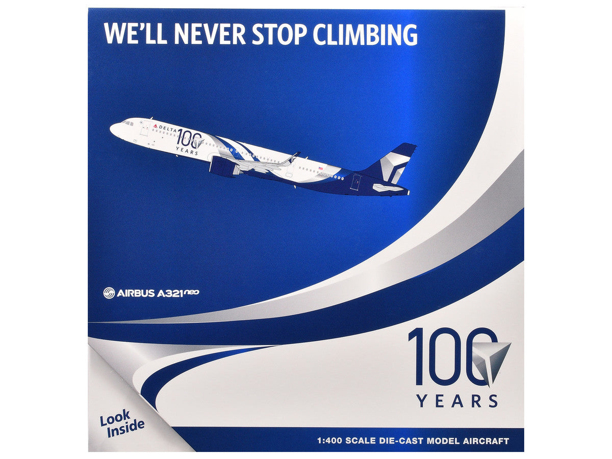 Airbus A321neo Commercial Aircraft "Delta Air Lines 100 Years" (N589DT) White and Blue with Stripes 1/400 Diecast Model Airplane by GeminiJets-2