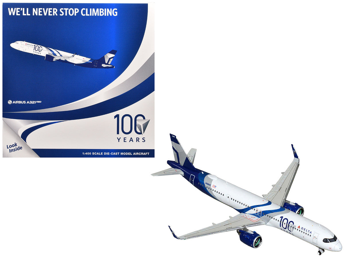 Airbus A321neo Commercial Aircraft "Delta Air Lines 100 Years" (N589DT) White and Blue with Stripes 1/400 Diecast Model Airplane by GeminiJets-0