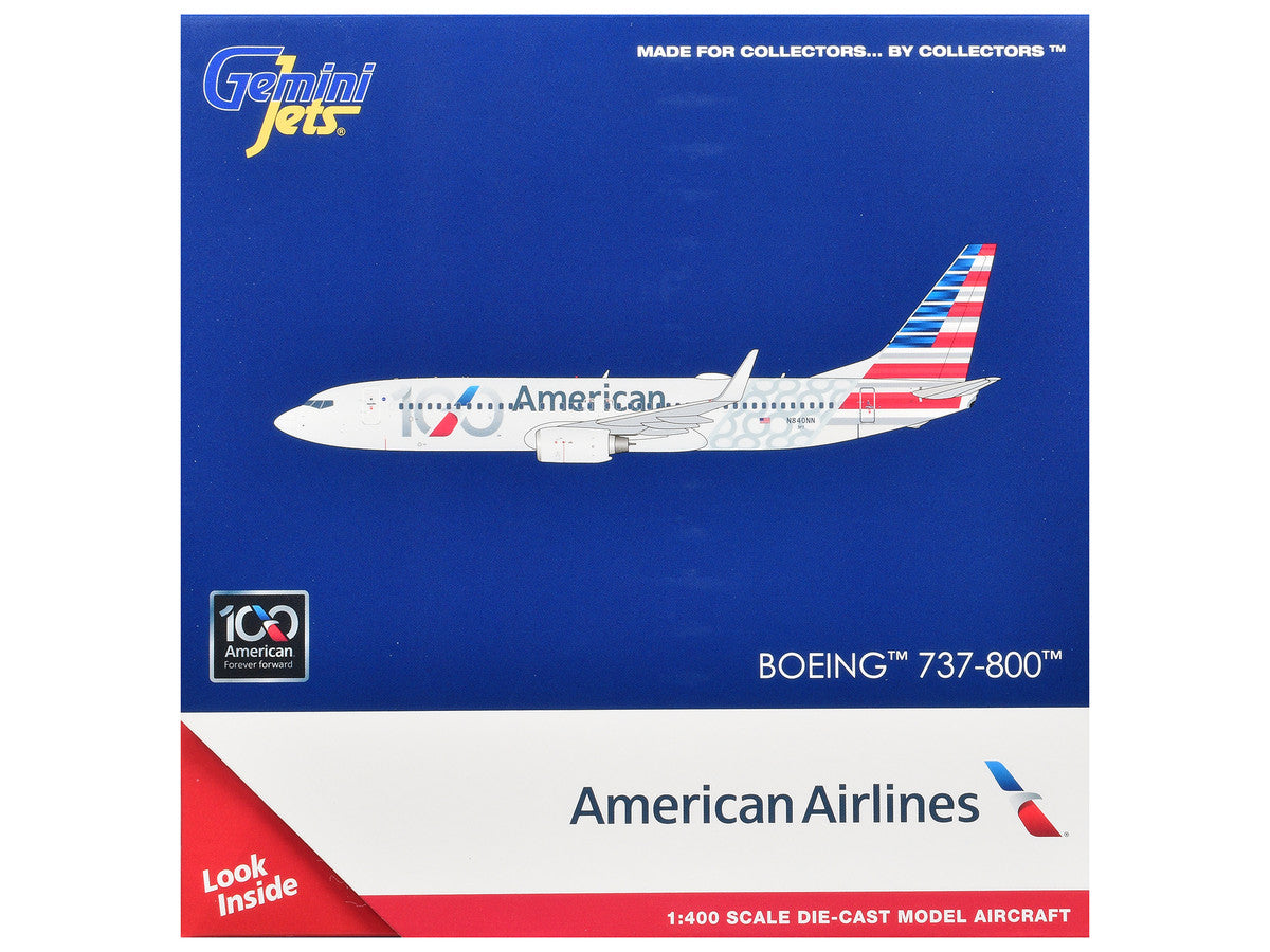 Boeing 737-800 Commercial Aircraft "American Airlines 100th Anniversary 2026" (N840NN) Gray with Tail Stripes 1/400 Diecast Model Airplane by GeminiJets GeminiJets