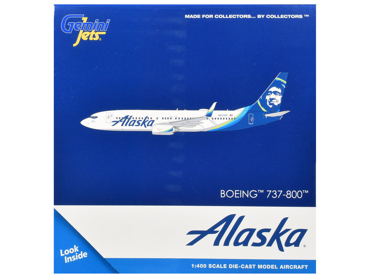 Boeing 737-800 Commercial Aircraft "Alaska Airlines" (N517AS) White with Blue Tail 1/400 Diecast Model Airplane by GeminiJets GeminiJets