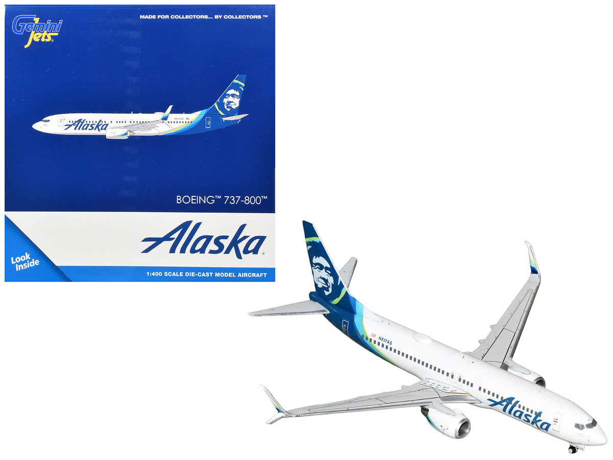 Boeing 737-800 Commercial Aircraft "Alaska Airlines" (N517AS) White with Blue Tail 1/400 Diecast Model Airplane by GeminiJets GeminiJets