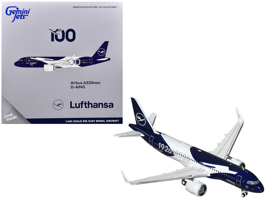 Airbus A320neo Commercial Aircraft "Lufthansa 100th Anniversary" (D-AING) White and Dark Blue 1/400 Diecast Model Airplane by GeminiJets GeminiJets