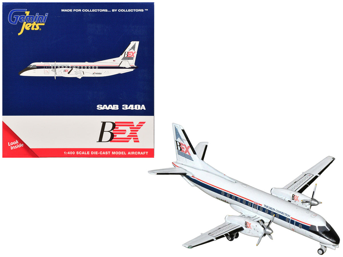 Saab 340A Commercial Aircraft "Business Express Airlines - The Delta Connection" (N749BA) White with Blue and Red Stripes 1/400 Diecast Model by GeminiJets GeminiJets