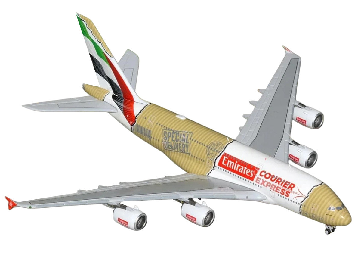 Airbus A380-800 Commercial Aircraft "Emirates Courier Express" (A6-EET) White with Tail Stripes and Package Graphics 1/400 Diecast Model Airplane by GeminiJets GeminiJets