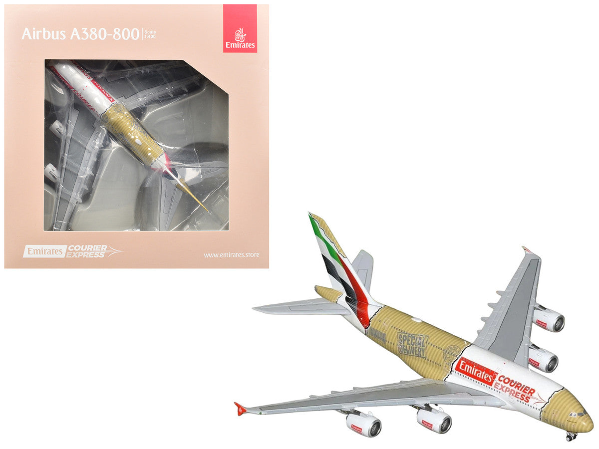 Airbus A380-800 Commercial Aircraft "Emirates Courier Express" (A6-EET) White with Tail Stripes and Package Graphics 1/400 Diecast Model Airplane by GeminiJets GeminiJets