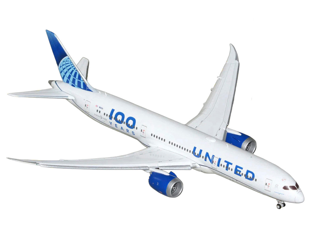 Boeing 787-9 Commercial Aircraft with Flaps Down "United Airlines 100 Years" (N61101) White with Graphics and Blue Tail 1/400 Diecast Model by GeminiJets-0