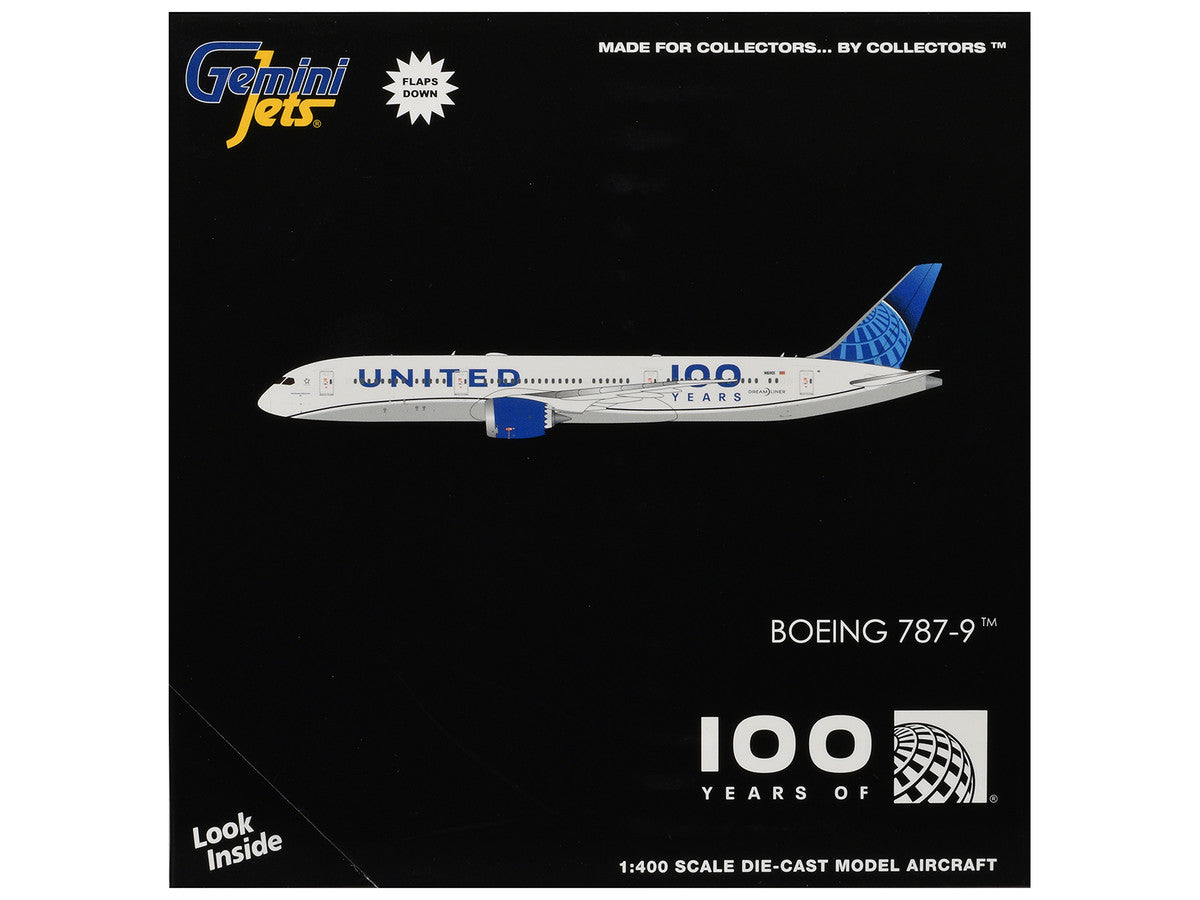 Boeing 787-9 Commercial Aircraft with Flaps Down "United Airlines 100 Years" (N61101) White with Graphics and Blue Tail 1/400 Diecast Model by GeminiJets-1