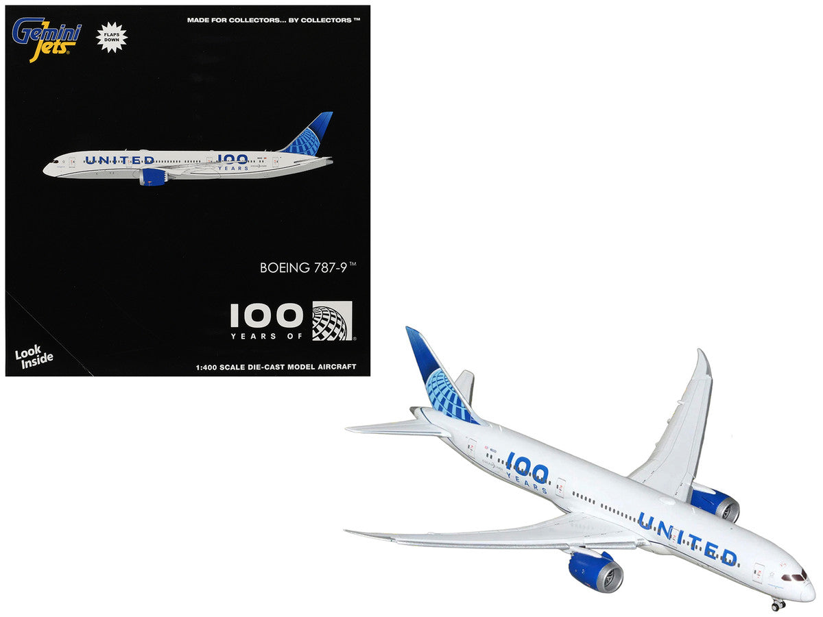 Boeing 787-9 Commercial Aircraft with Flaps Down "United Airlines 100 Years" (N61101) White with Graphics and Blue Tail 1/400 Diecast Model by GeminiJets-2