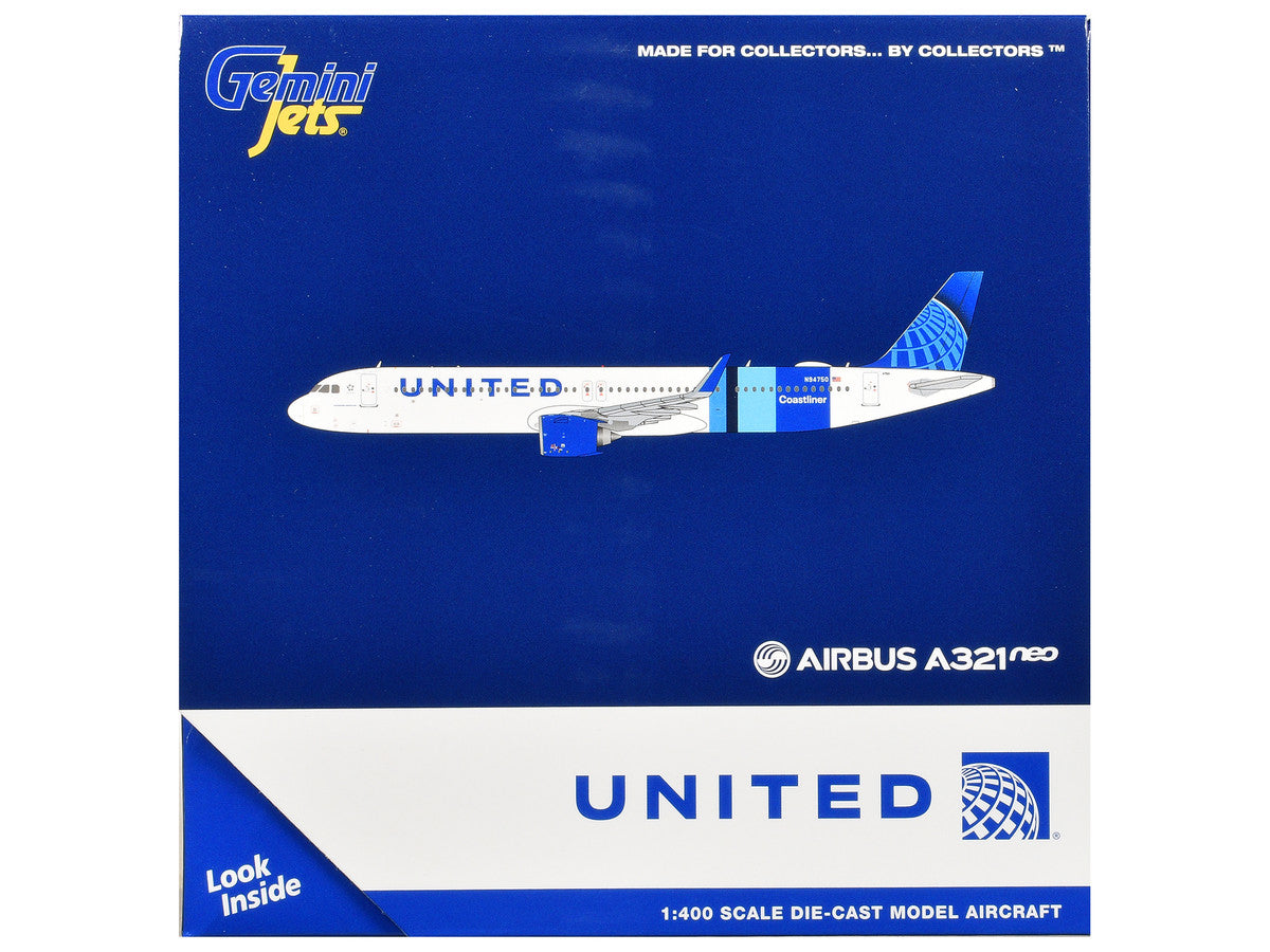 Airbus A321neo Commercial Aircraft "United Airlines Coastliner" (N94750) White with Blue Stripes and Tail 1/400 Diecast Model Airplane by GeminiJets GeminiJets