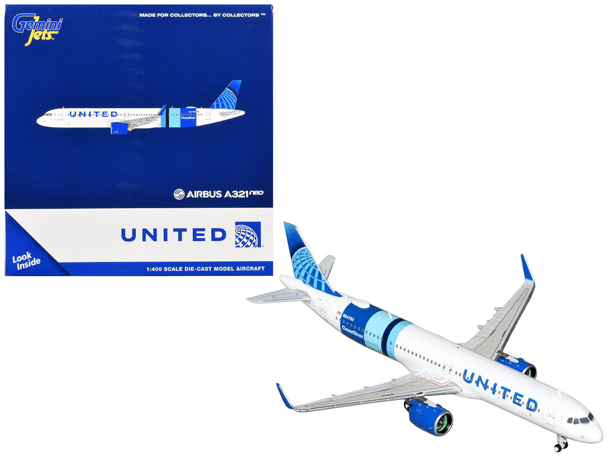 Airbus A321neo Commercial Aircraft "United Airlines Coastliner" (N94750) White with Blue Stripes and Tail 1/400 Diecast Model Airplane by GeminiJets GeminiJets